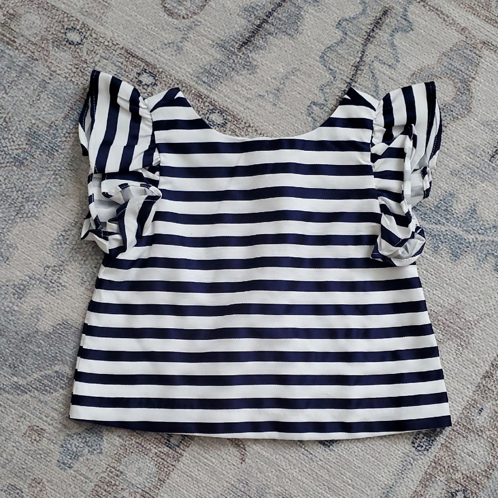 NWT Janie and Jack Girls Navy White Nautical Striped Ruffle Sleeve Top Shirt Sz4
